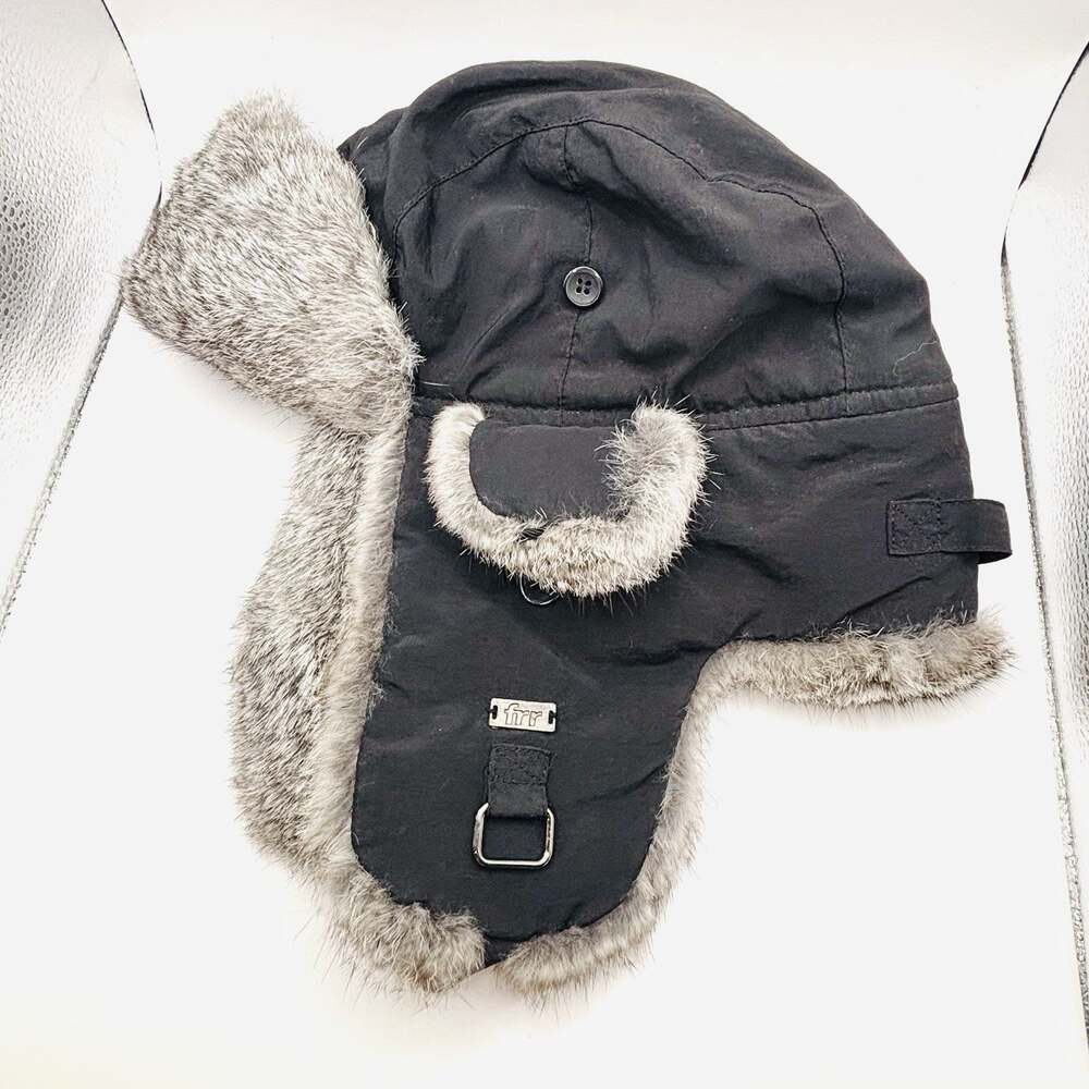 VTG FRR Canada Bomber Trapper Hat Black Rabbit Fur Trim Aviator Sz L